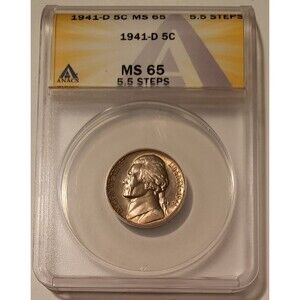 1941 D Jefferson Nickel MS65 5.5 Steps ANACS Toned